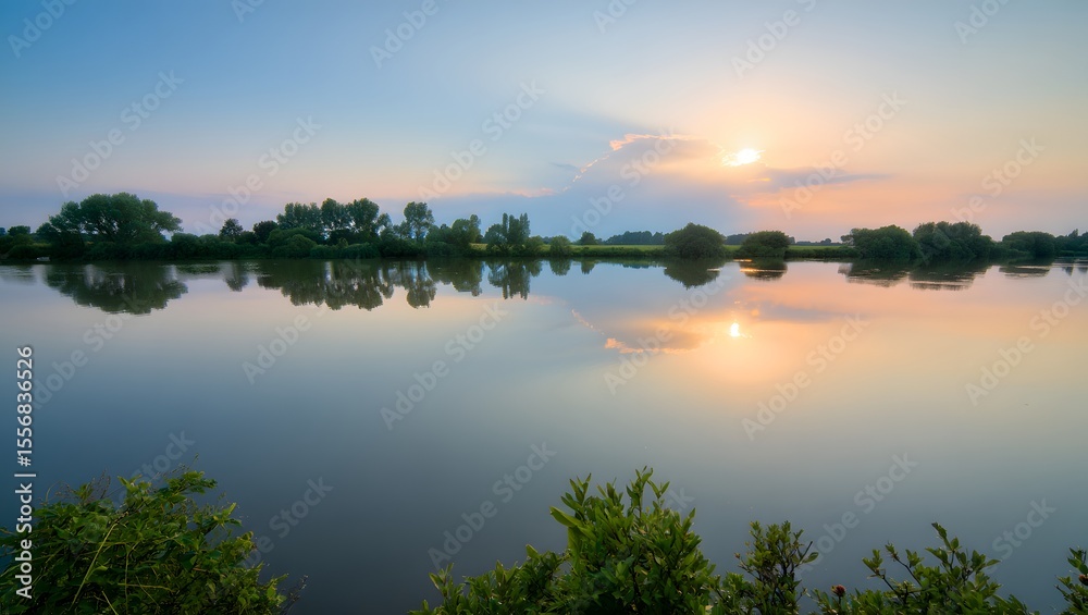 Obraz premium Tranquil Sunset Over Still Waters Reflecting Trees and Sky a Serene and Peaceful Nature Scene