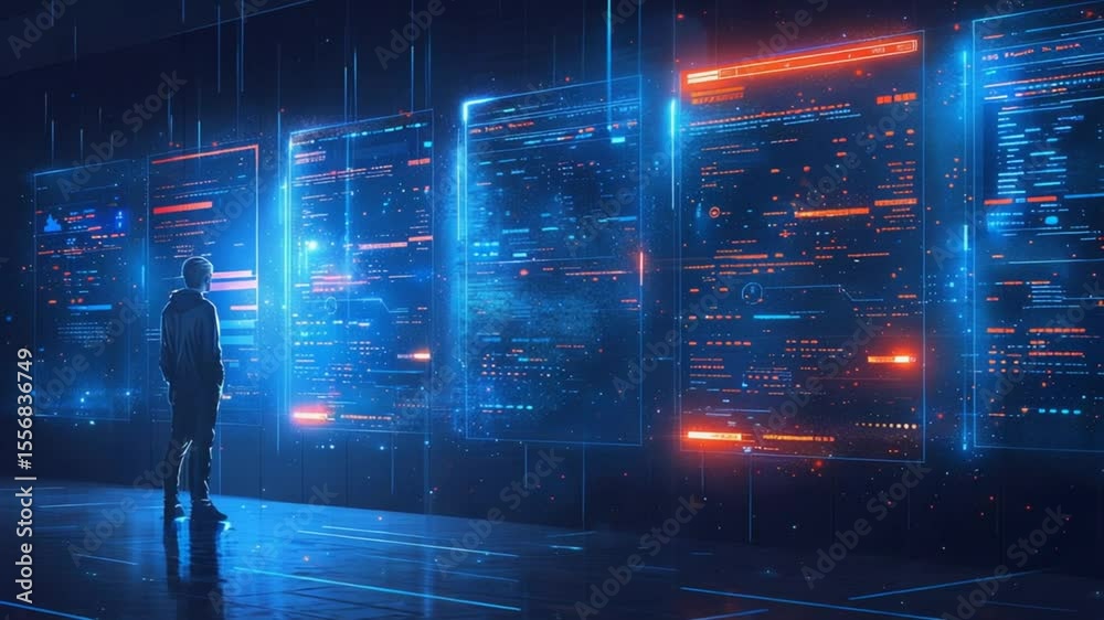 Futuristic Data Center Visuals: Server Room with Holographic Displays and Network Connections