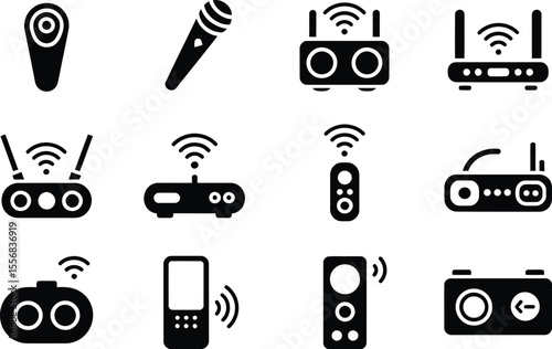 Black Wireless Device Icons Set Wifi Router Microphone Remote Control