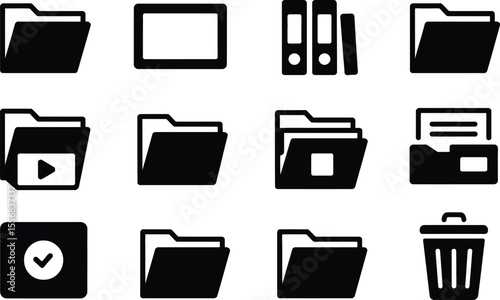 Black File Folder Icons Set Data Management Symbols