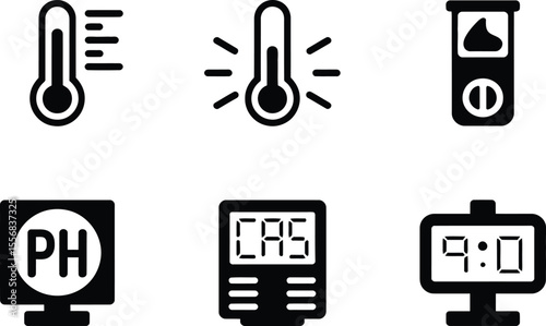 Black Glyph Icons Set Temperature P H Meter Clock thermometer