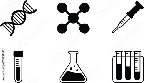 Black and White Science Icons D N A Pipette Test Tubes Erlenmeyer Flask