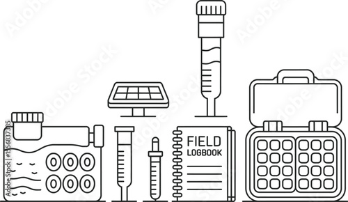 Field Research Equipment Line Art Illustration Solar Panel Sample Case