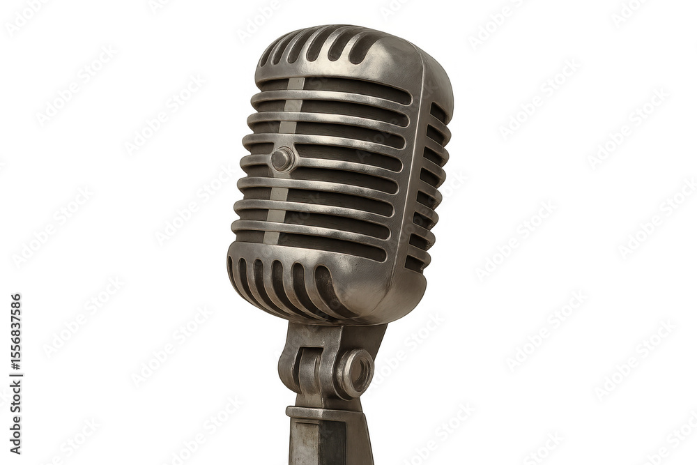 Fototapeta premium Classic microphone standing, ready for recording, with transparent background for easy integration into projects