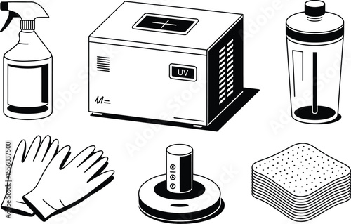 Black and White Illustration Cleaning Supplies U V Sanitizer Gloves