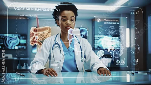 Doctor with digital screen showing body scans in high-tech office