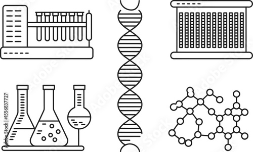 Black and White Line Art Scientific Icons D N A Test Tubes Flasks