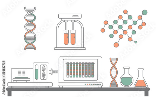 D N A Research Lab Equipment Line Art Illustration Teal Orange