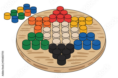 Round Wooden Board Game with Colorful Pieces