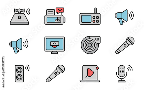 Twelve Audio Communication Icons Grey Blue Red megaphone