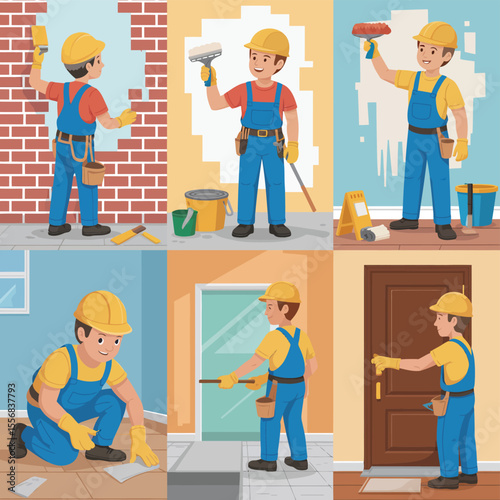Construction Workers Performing Various Home Improvement Tasks