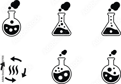 Five Black Erlenmeyer Flasks Bubbling Liquid Science Experiment Icons