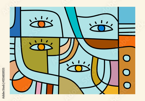  abstract illustration featuring multiple intertwined faces or facial elements