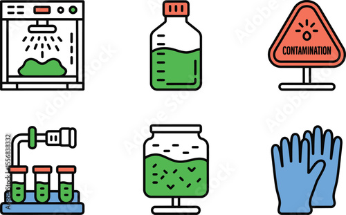 Green Liquid in Lab Equipment 3 D Printer Test Tubes Gloves Contamination Sign
