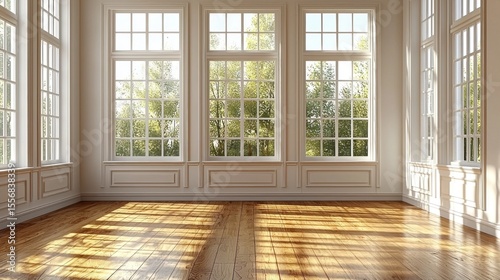 Sunlit room with large windows overlooking trees