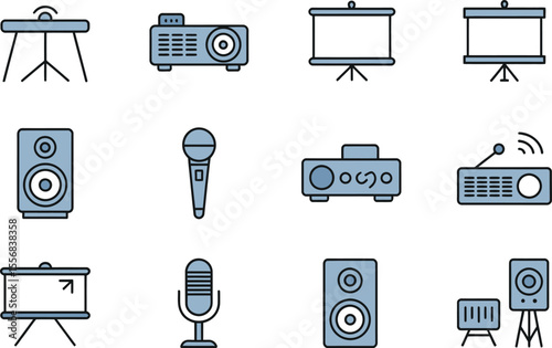 Presentation Equipment Icons Set Blue Gray Speakers Projectors Microphones