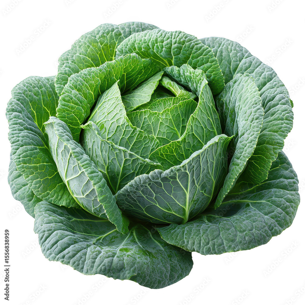 Fototapeta premium A fresh green cabbage with textured leaves and visible veins presented as a healthy vegetable isolated on transparent background