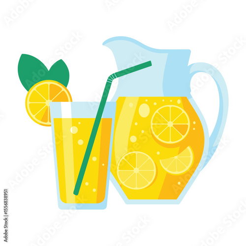 Refreshing Lemonade in Glass Pitcher and Glass