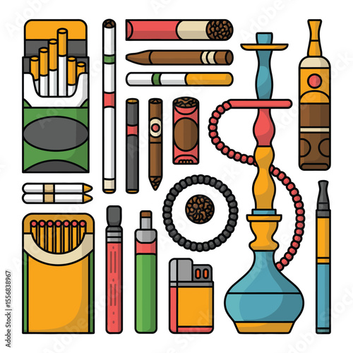 Various Smoking Products Flat Icons Set