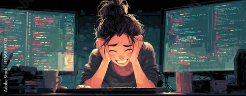 Anxious young woman with messy bun sits at her desk, overwhelmed by complex computer code displayed on dual monitors, experiencing stress and frustration at work.