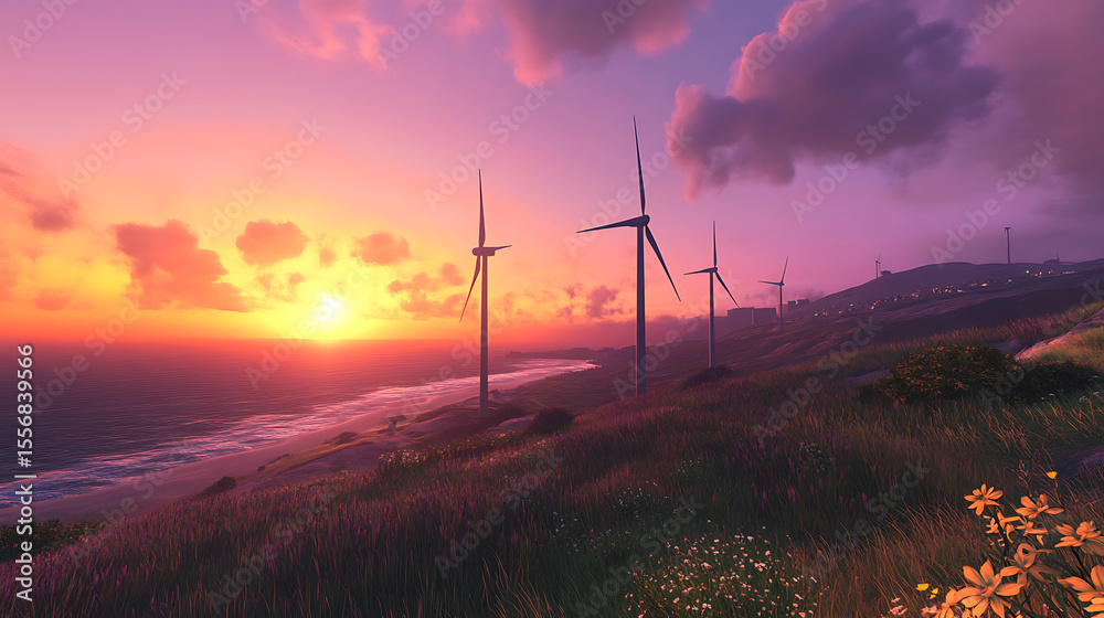 Obraz premium A city beach view with coastal wind turbine 