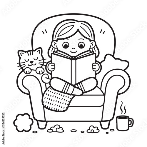 Girl Moments: Cute & Comfy” Coloring Page, Girl Moments Cute & Comfy Coloring Book Pages , Line art, Easy bold coloring page, Coloring page, Cute kawaii girl coloring page, Comfy life, Cozy moment