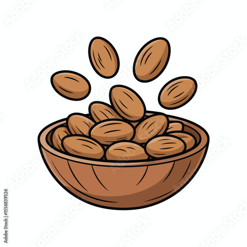 Cartoon Almonds in Wooden Bowl