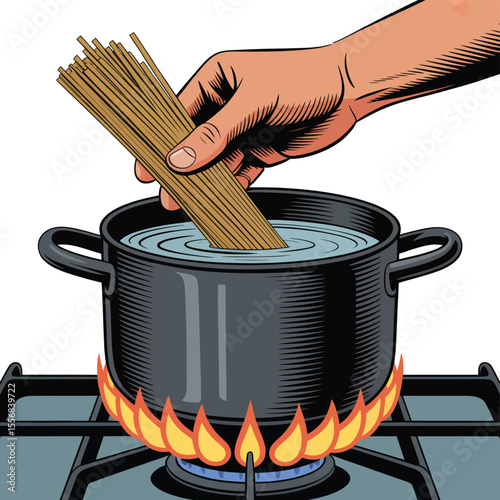 Hand Adding Noodles to Boiling Water on Stovetop