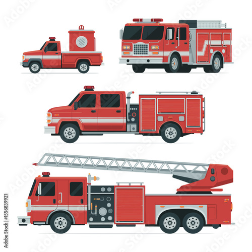 Various Red Fire Trucks Illustration Set