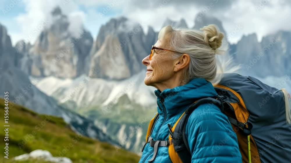 Smiling woman hiking in the mountains with a backpack Smiling woman hiking in the mountains with a backpack