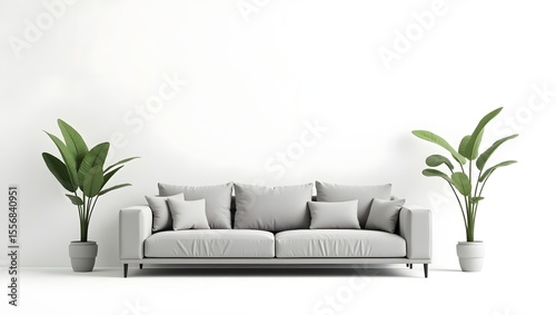 Front view of a modern living room setup with a sofa, armchair, and indoor plant, all placed on a plain white background