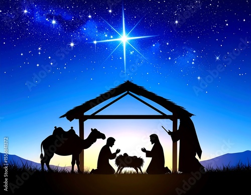 Nativity scene under starry night