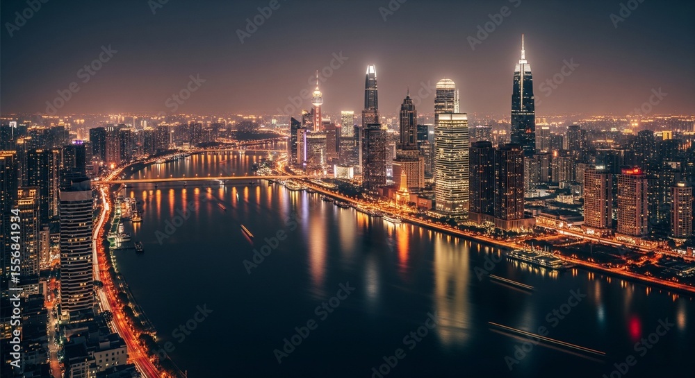 Fototapeta premium A glowing city skyline at night with lights reflecting on a river surface, viewed from above