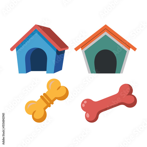 Cute Cartoon Set of Dog Houses and Bones in Colorful Flat Design, Perfect for Pet Care and Animal Themes