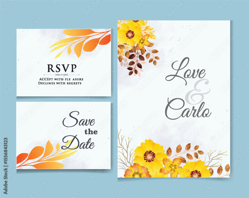 Naklejka premium Watercolor Floral Wedding Invitation and RSVP Template Set