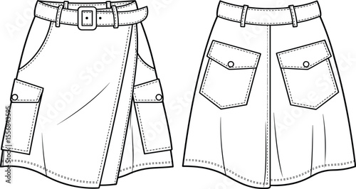 Stylish women's cargo mini skirt fashion flat technical drawing with front and back view, modern trendy apparel design, vector illustration for casual wear.