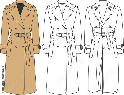 Classic Long Trench Coat Flat Sketch, Double-Breasted Design with Belt and Pockets, Fashion Apparel Template for Women's Elegant Outerwear.