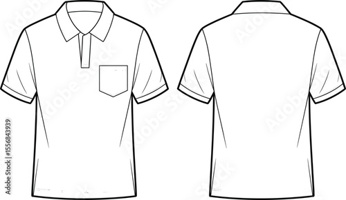  Classic Short-Sleeve Polo Shirt Flat Sketch, Collared Design with Pocket and Placket, Fashion Apparel Template for Men's and Women's Casual Wear.