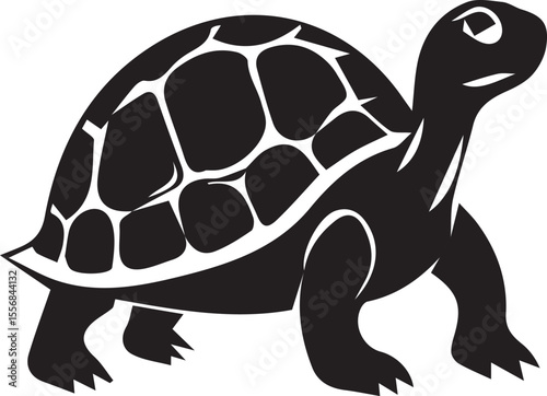 Black and White Silhouette of a Walking Turtle with a Patterned Shell, Simplistic Cartoon Style Animal Illustration