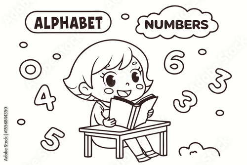 kid reading a book for coloring book, coloring page, kids, back to school