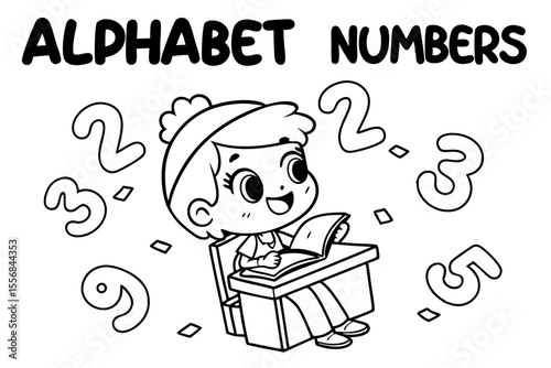 kid reading a book for coloring book, coloring page, kids, back to school