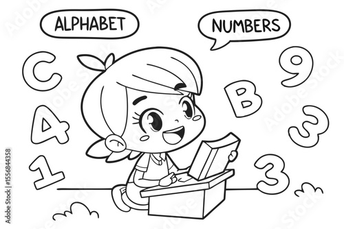 kid reading a book for coloring book, coloring page, kids, back to school