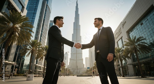 Dubai deal Tower backdrop handshake