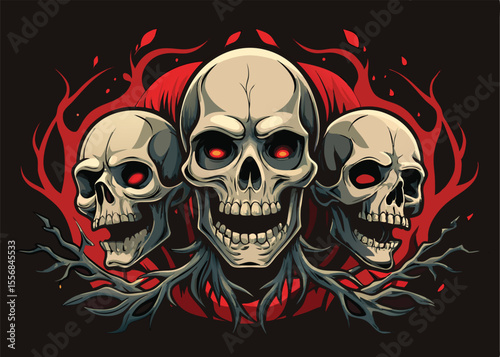 This graphic design features three detailed skulls, set against a dark background with fiery, red, and dark-gray patterns reminiscent of flames and branches.