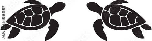 Stylized Silhouette of Symmetrical Sea Turtles Swimming in Tandem A Minimalist Black and White Nautical Design Displaying Graceful Marine Life
