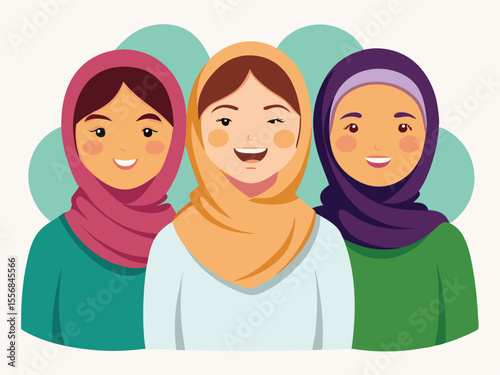 A friendly and positive illustration of three women wearing traditional Muslim headwear (hijab).