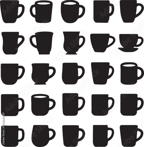 This pack features 20 black silhouette icons of modern and stylish mugs, including coffee cups, travel mugs, ceramic mugs, and more. Perfect for beverage branding, packaging, or digital content.
