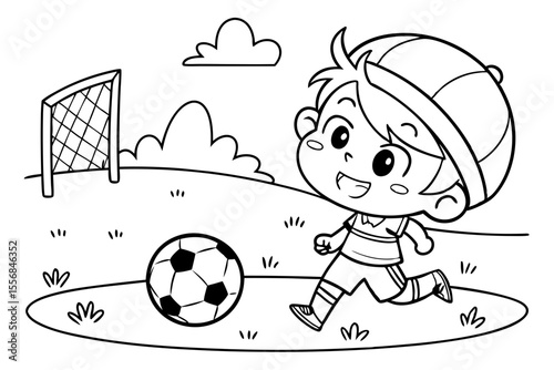 boy playing soccer for coloring book, coloring page, kids