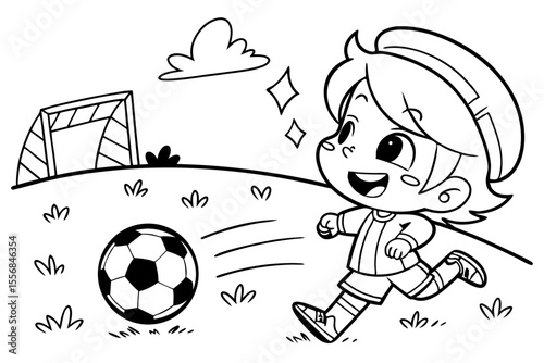 boy playing soccer for coloring book, coloring page, kids