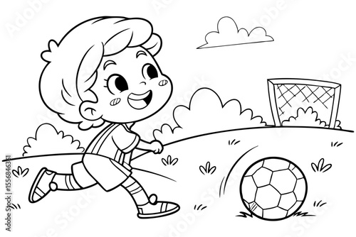 boy playing soccer for coloring book, coloring page, kids